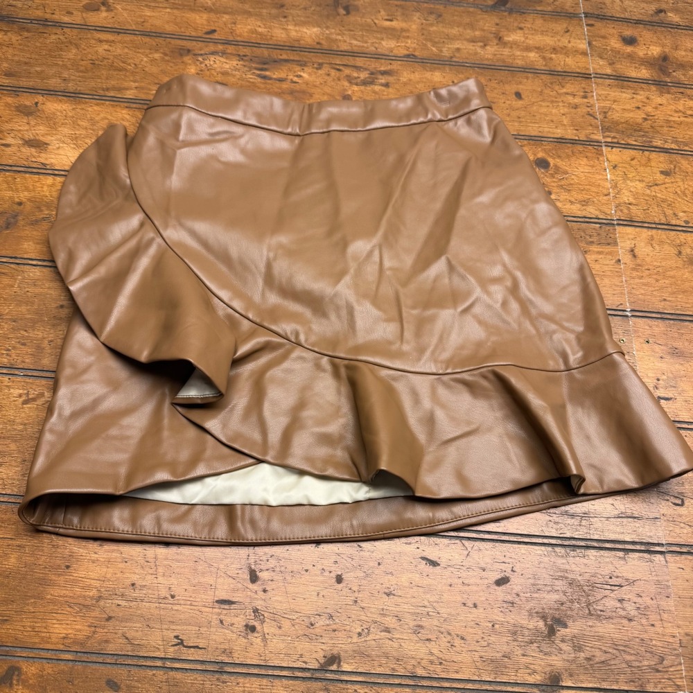 Blu ivy Faux Leather Ruffle Skirt Brown Women's Size‎ S Flounce Wrap Style